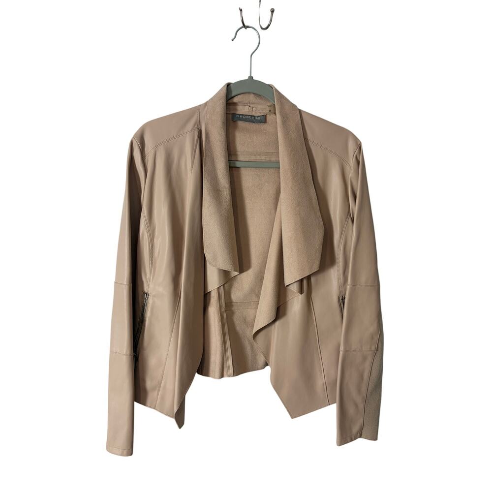 Bagatelle Faux Leather Draped Waterfall Jacket Open Front M Quiet Luxury Fall